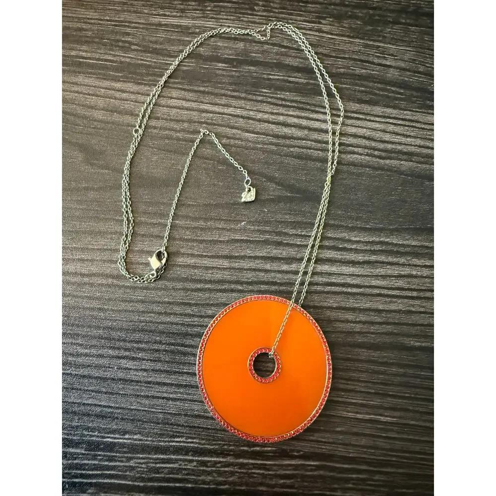Swarovski Necklace Orange Disc Pendant W Long Chain Necklace